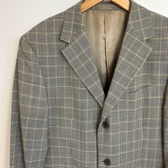 Vintage Gingham Plaid 40L Tall Vintage Wool Blazer Sports Coat Jacket Neutral - Picture 8 of 15